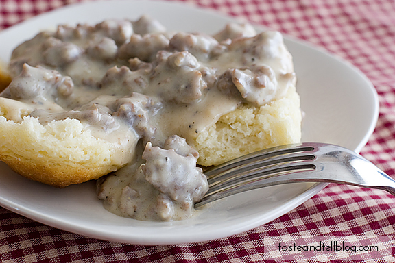 Biscuits and Sausage Gravy from TasteAndTellBlog.com part of the Savory Biscuits Roundup at SimplyFreshVintage.com