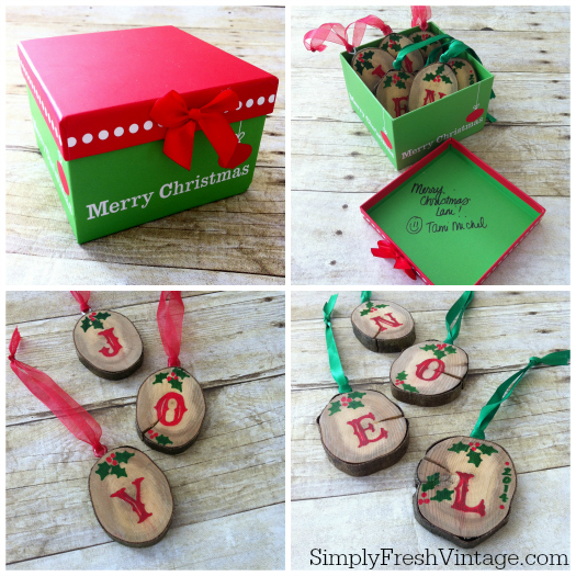 These Handmade Wood Ornaments were the gift from my Secret Santa, Tami from CurbAlertBlog.com. | 22 Bloggers swapped names for a DIY-style Secret Santa Blog Tour. Come see the amazing decorations that they made! Secret Santa Blog Tour | SimplyFresh Vintage.com