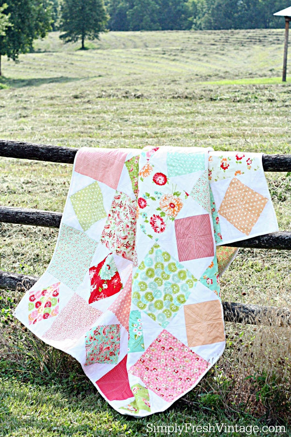 Sophie's Triple Treat ... a quilt pattern featuring 2 lap quilts and a mini quilt made with 1 layer cake and 2 yards of background fabric. | SimplyFreshVintage.com